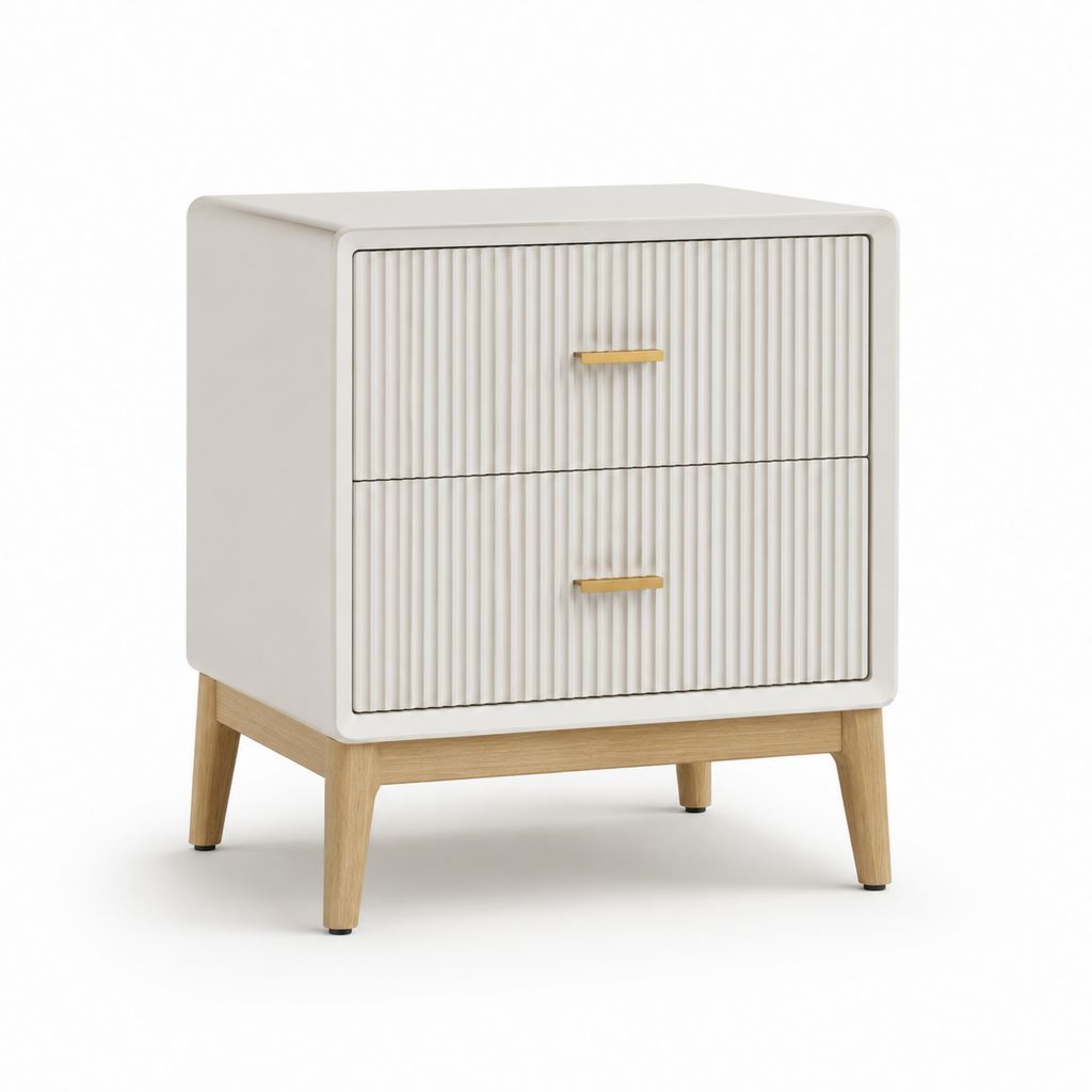 Comodino a 2 cassetti bianco in MDF con gambe in legno massello 45 x 40 x 60 cm