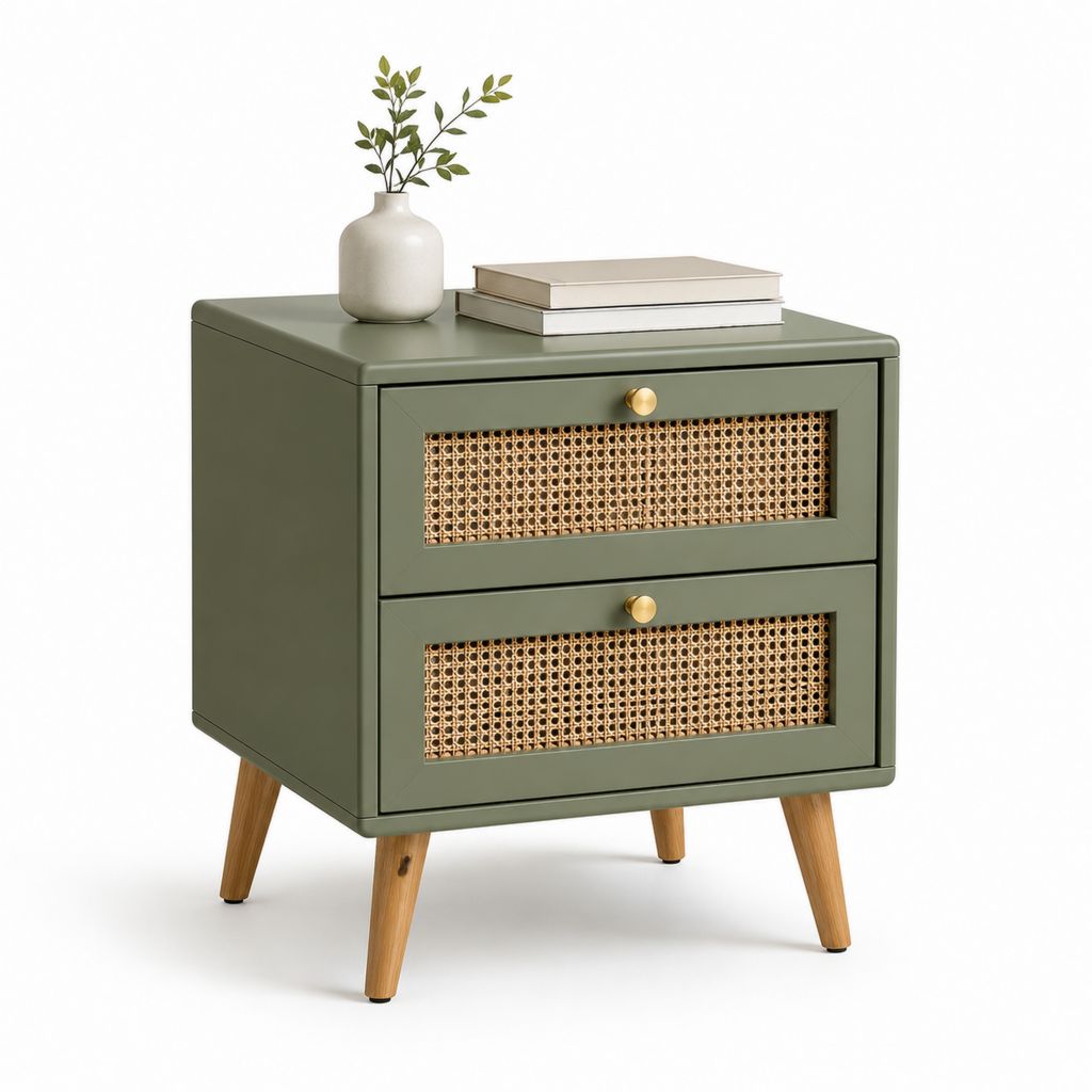 Comodino 2 cassetti verde in MDF e rattan rettangolare 50 x 40 x 55 cm