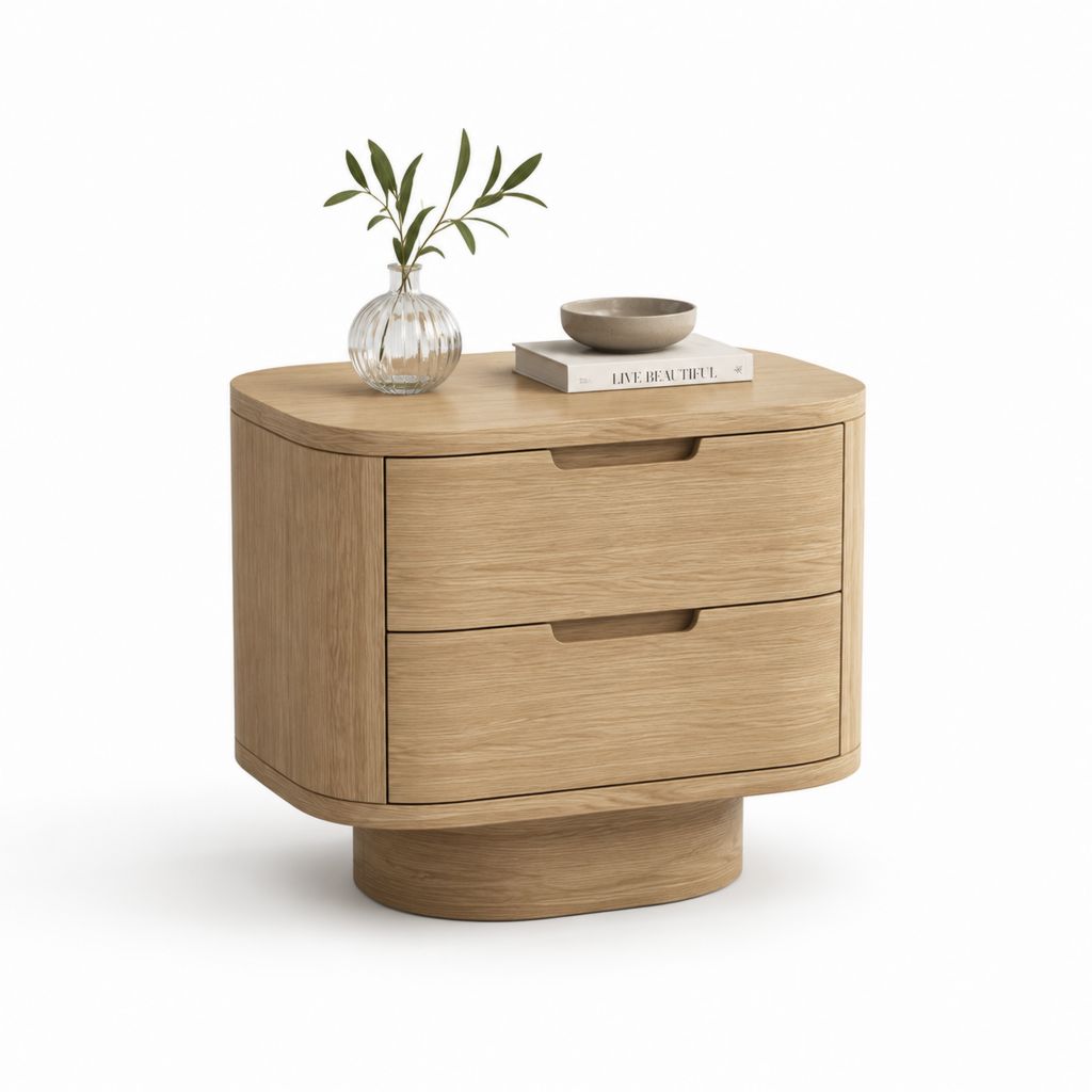 Comodino con 2 cassetti rovere naturale in MDF impiallacciato forma semicircolare 80 x 42 x 65 cm