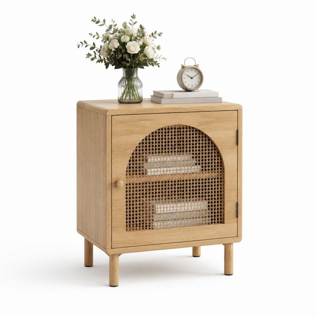 Comodino rettangolare 1 anta Colore rovere in MDF impiallacciato rovere con rattan 50 x 40 x 60 cm