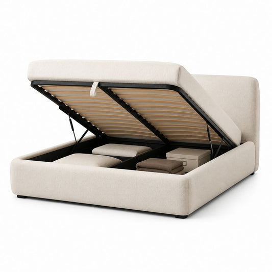 Letto contenitore matrimoniale beige in poliestere con rete a doghe 160 x 200 cm
