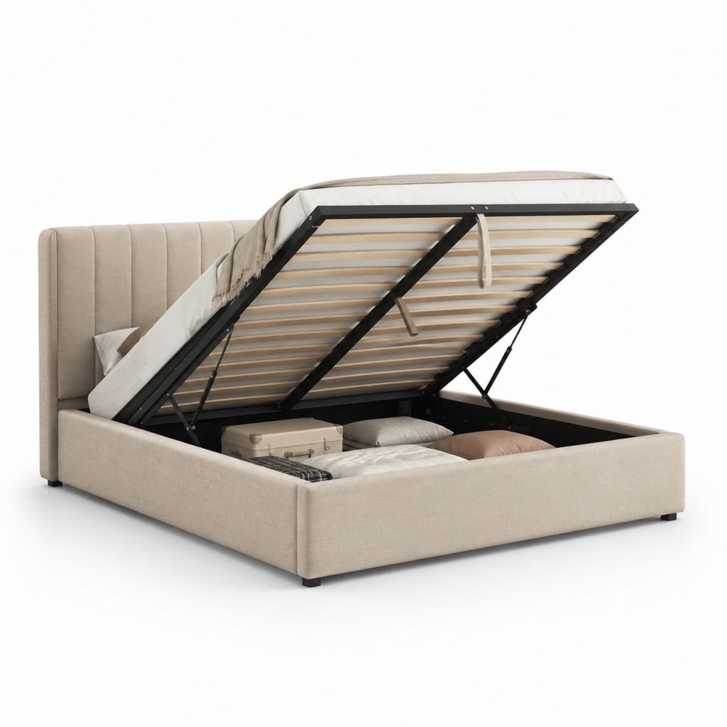 Letto contenitore matrimoniale beige in poliestere con sollevamento a gas 160 x 200 cm