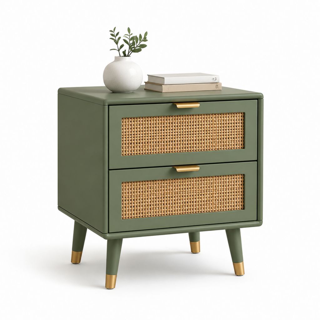 Comodino a 2 cassetti verde salvia in MDF e rattan rettangolare 60 x 40 x 60 cm