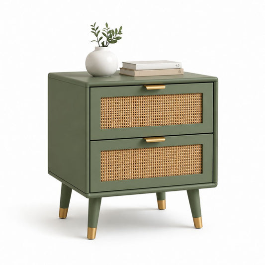 Comodino a 2 cassetti verde salvia in MDF e rattan rettangolare 60 x 40 x 60 cm
