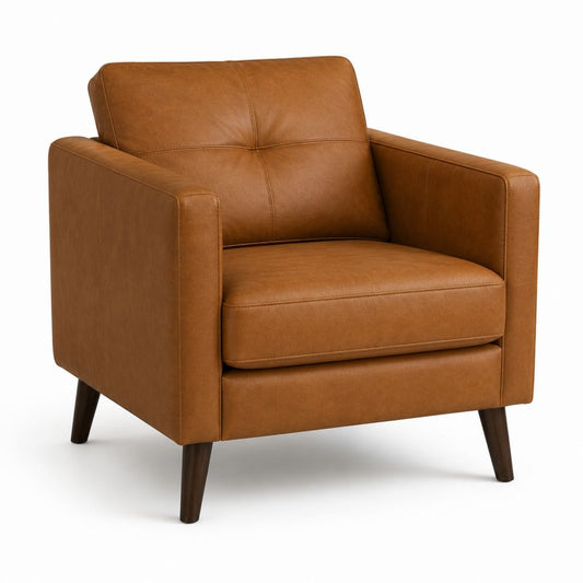 Poltrona da soggiorno quadrata marrone in pelle sintetica PU con gambe in legno massello 82 x 86 x 82 cm