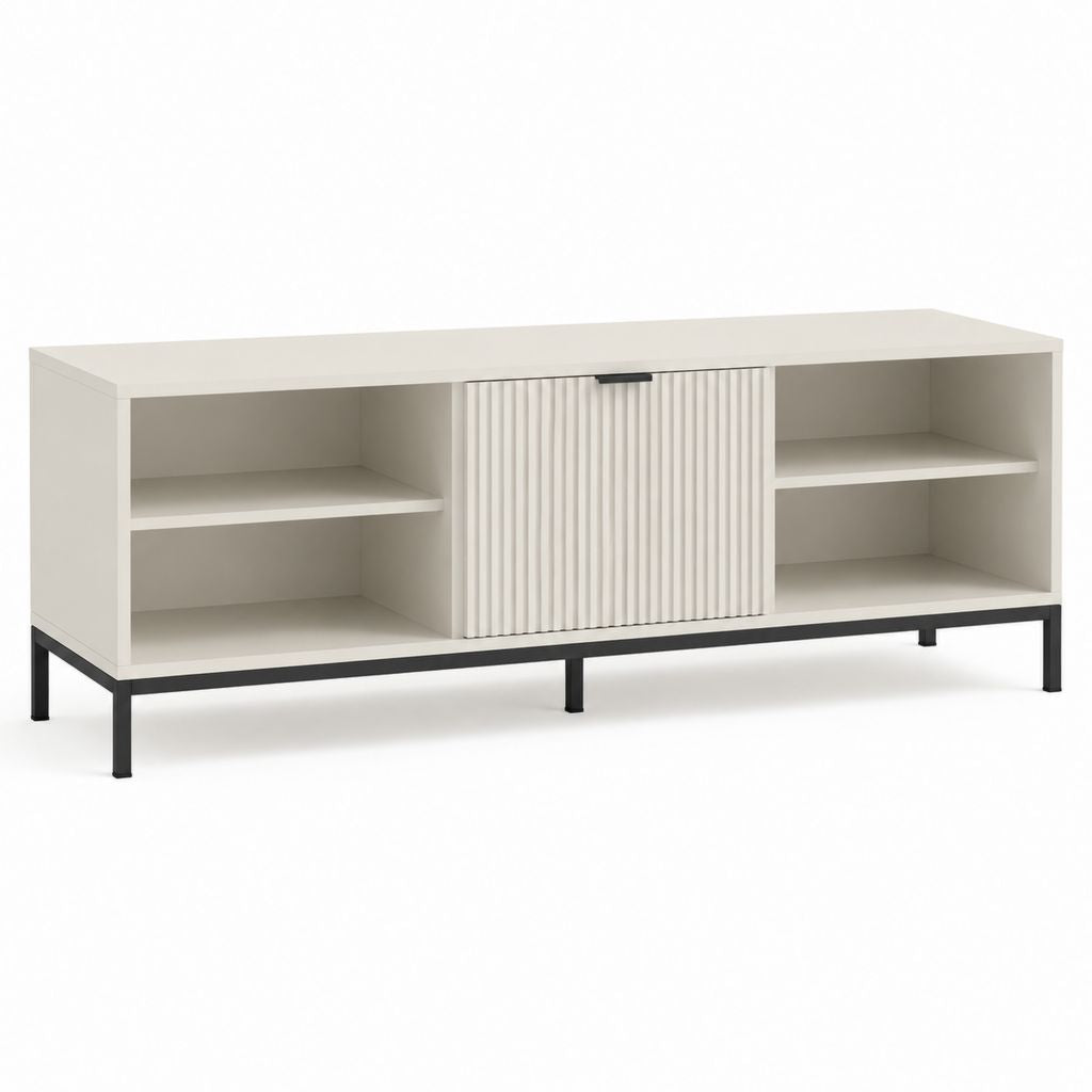 Mobile TV rettangolare bianco in pannello truciolare e acciaio 160 x 40 x 75 cm con ante scorrevoli e ripiani