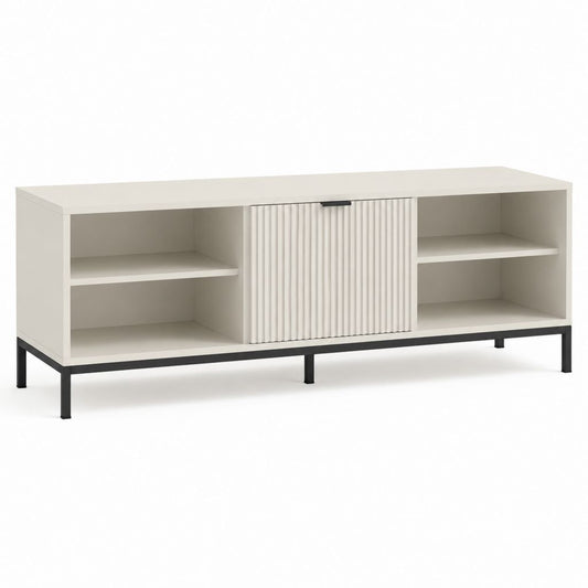 Mobile TV rettangolare bianco in pannello truciolare e acciaio 160 x 40 x 75 cm con ante scorrevoli e ripiani