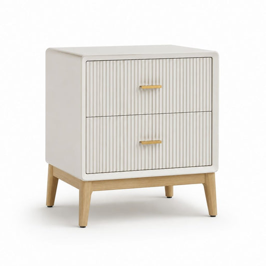 Comodino a 2 cassetti bianco in MDF con gambe in legno massello 45 x 40 x 60 cm