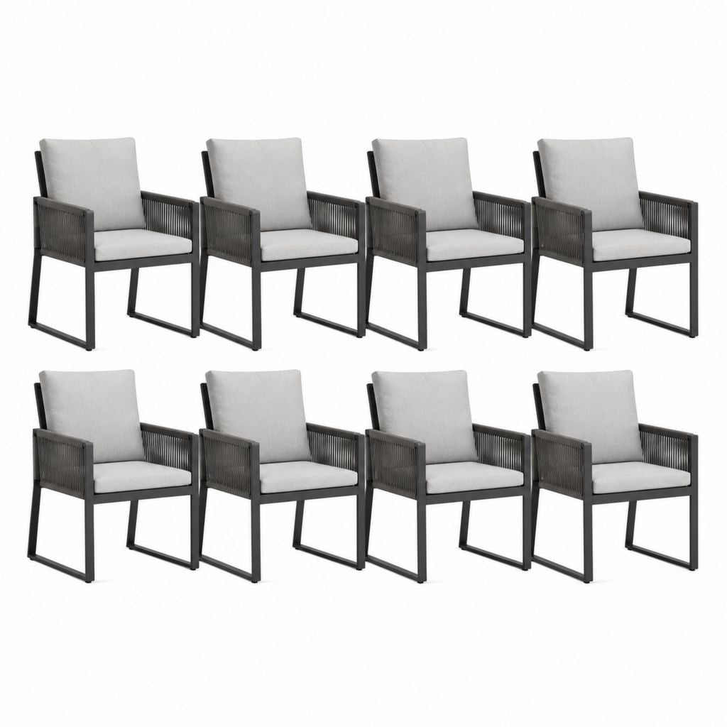 Set 8 poltrone da giardino grigio chiaro e nero in rattan PE e acciaio 57 x 64 x 89 cm