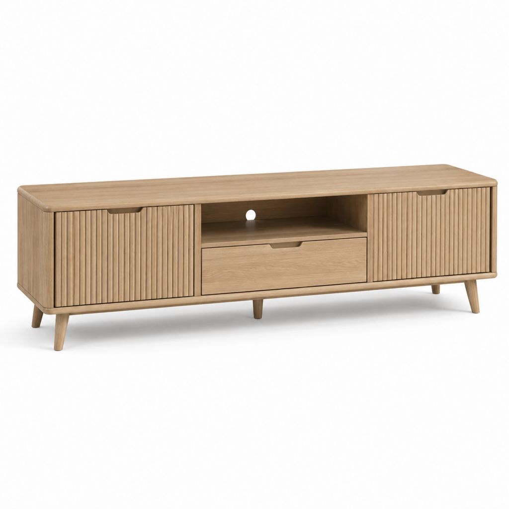 Mobile TV in MDF impiallacciato rovere naturale rettangolare con 2 ante e cassetto 160 x 40 x 55 cm