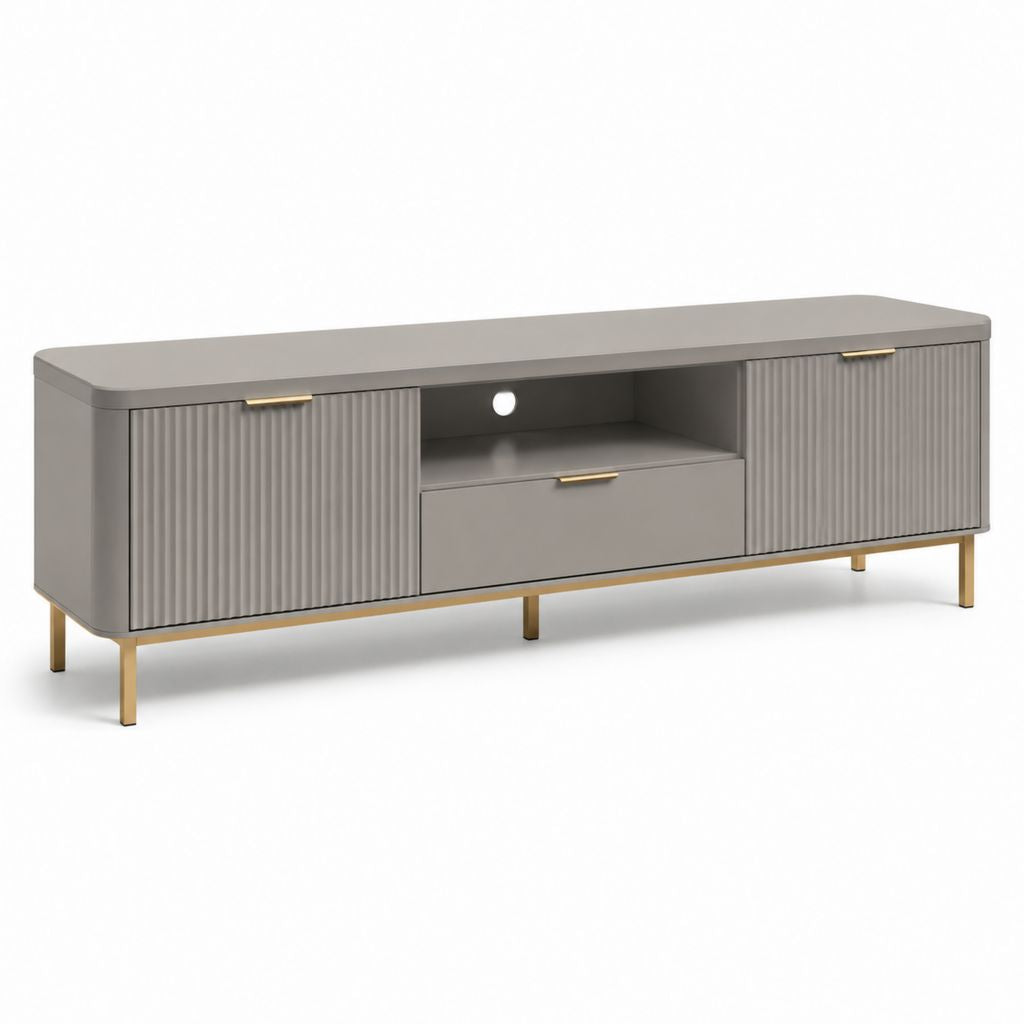 Mobile TV grigio in MDF laminato con ante scanalate e gambe dorate 180 x 40 x 55 cm