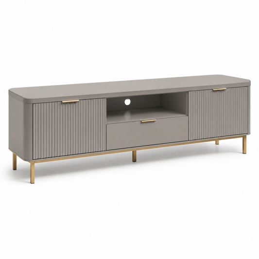 Mobile TV grigio in MDF laminato con ante scanalate e gambe dorate 180 x 40 x 55 cm