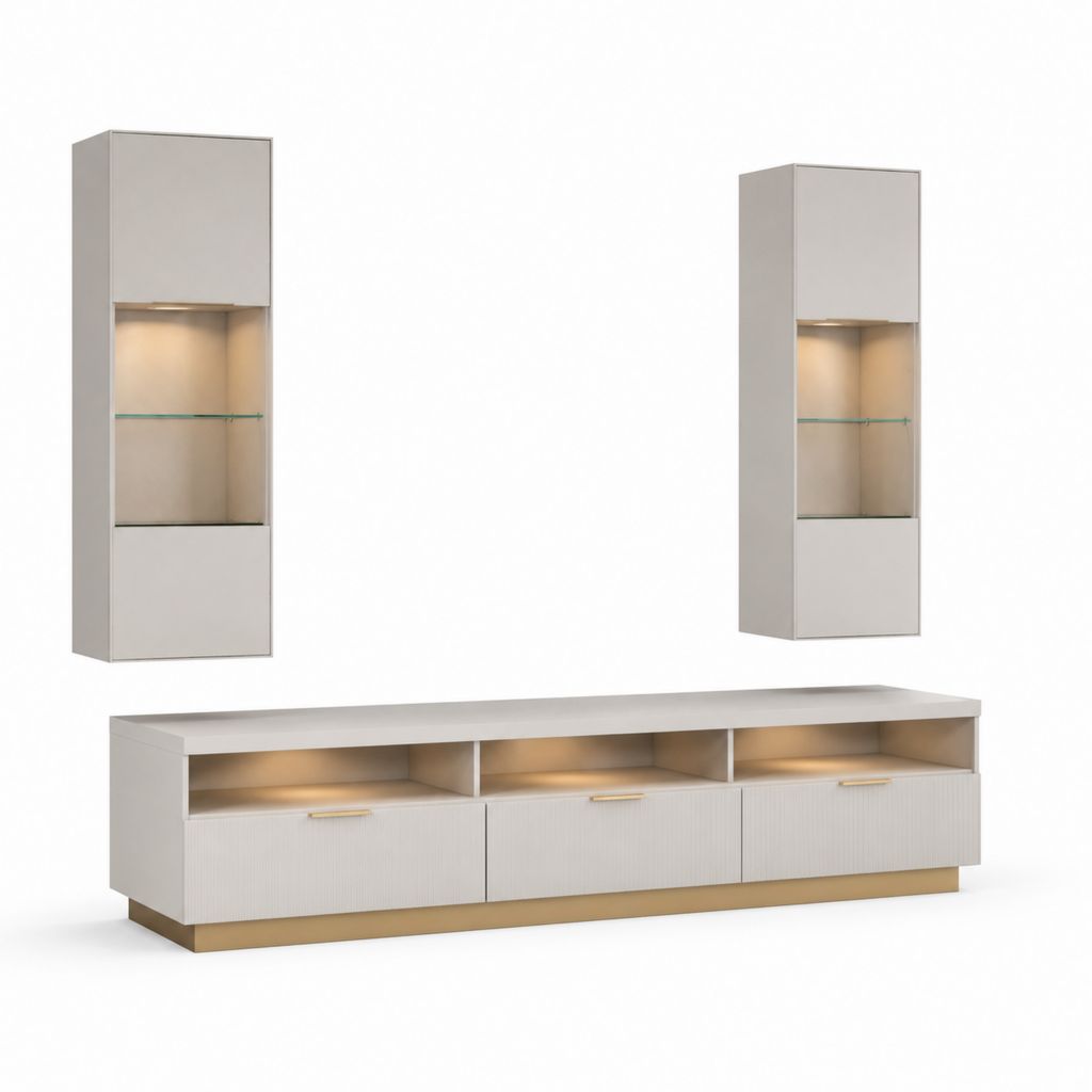Parete attrezzata TV sospesa bianco crema in MDF e vetro con LED 180 x 40 x 45 cm