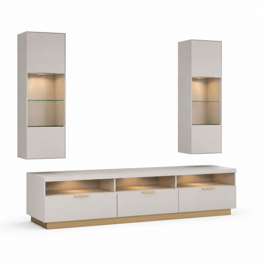 Parete attrezzata TV sospesa bianco crema in MDF e vetro con LED 180 x 40 x 45 cm