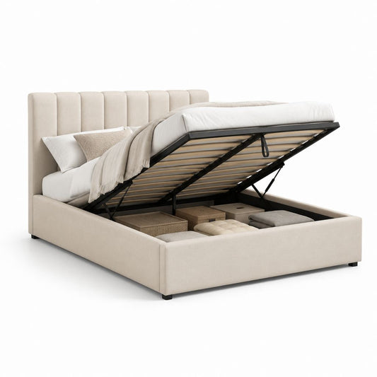 Letto contenitore matrimoniale beige in poliestere con testiera imbottita 160 x 200 cm