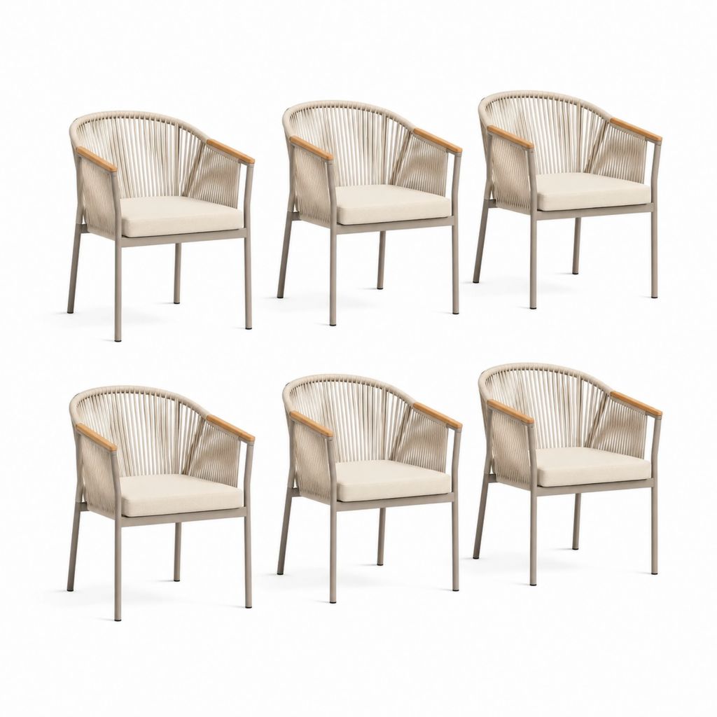 Set 6 poltrone da giardino beige in alluminio e corda con schienale curvo 58 x 60 x 78 cm