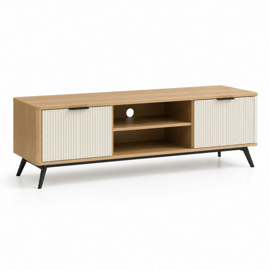 Mobile TV rettangolare in MDF rovere naturale e bianco con ante scorrevoli 160 x 40 x 55 cm