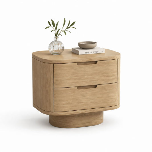 Comodino con 2 cassetti rovere naturale in MDF impiallacciato forma semicircolare 80 x 42 x 65 cm