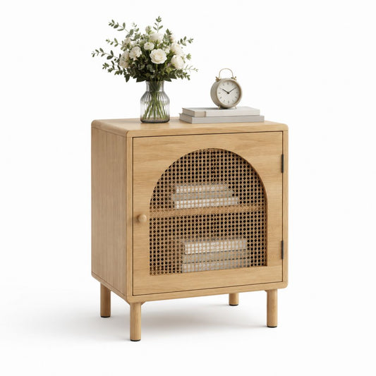 Comodino rettangolare 1 anta Colore rovere in MDF impiallacciato rovere con rattan 50 x 40 x 60 cm