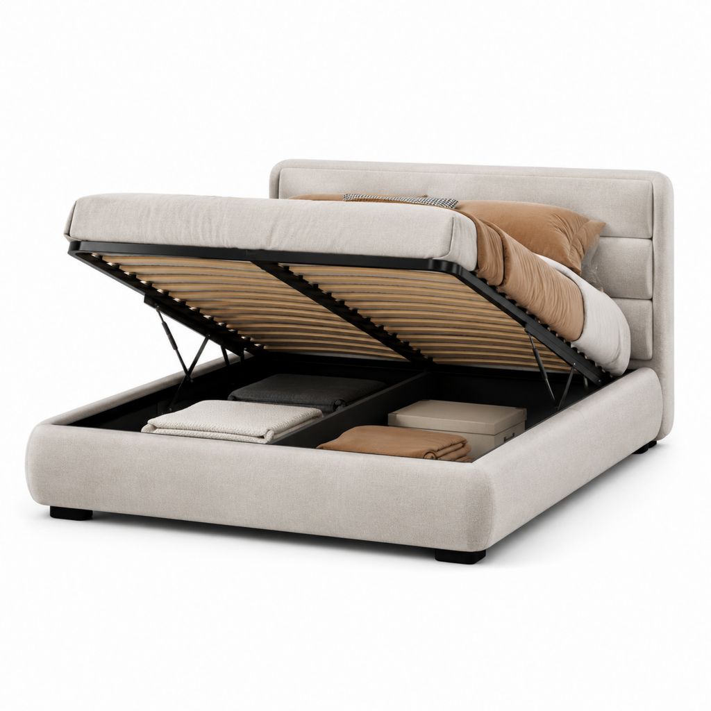 Letto contenitore matrimoniale beige in poliestere con rete a doghe 160 x 200 cm