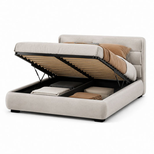 Letto contenitore matrimoniale beige in poliestere con rete a doghe 160 x 200 cm