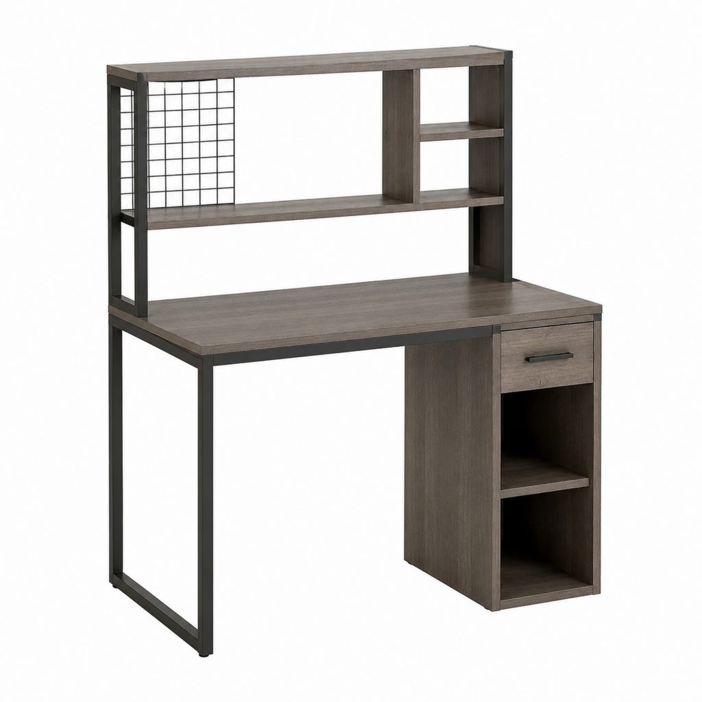 Scrivania computer rettangolare con ripiani e cassetto grigio rovere e acciaio 120 x 60 x 150 cm