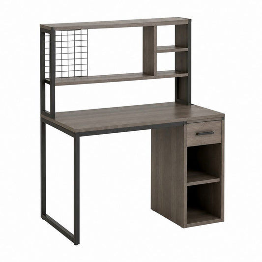 Scrivania computer rettangolare con ripiani e cassetto grigio rovere e acciaio 120 x 60 x 150 cm