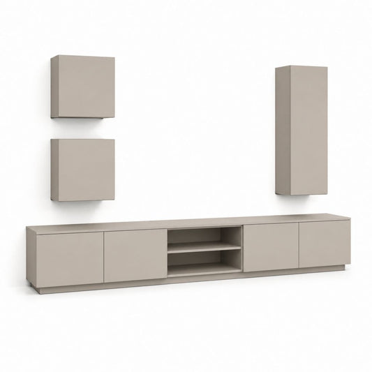 Parete attrezzata TV sospesa tortora in MDF melaminico 300 x 40 x 45 cm con 3 pensili