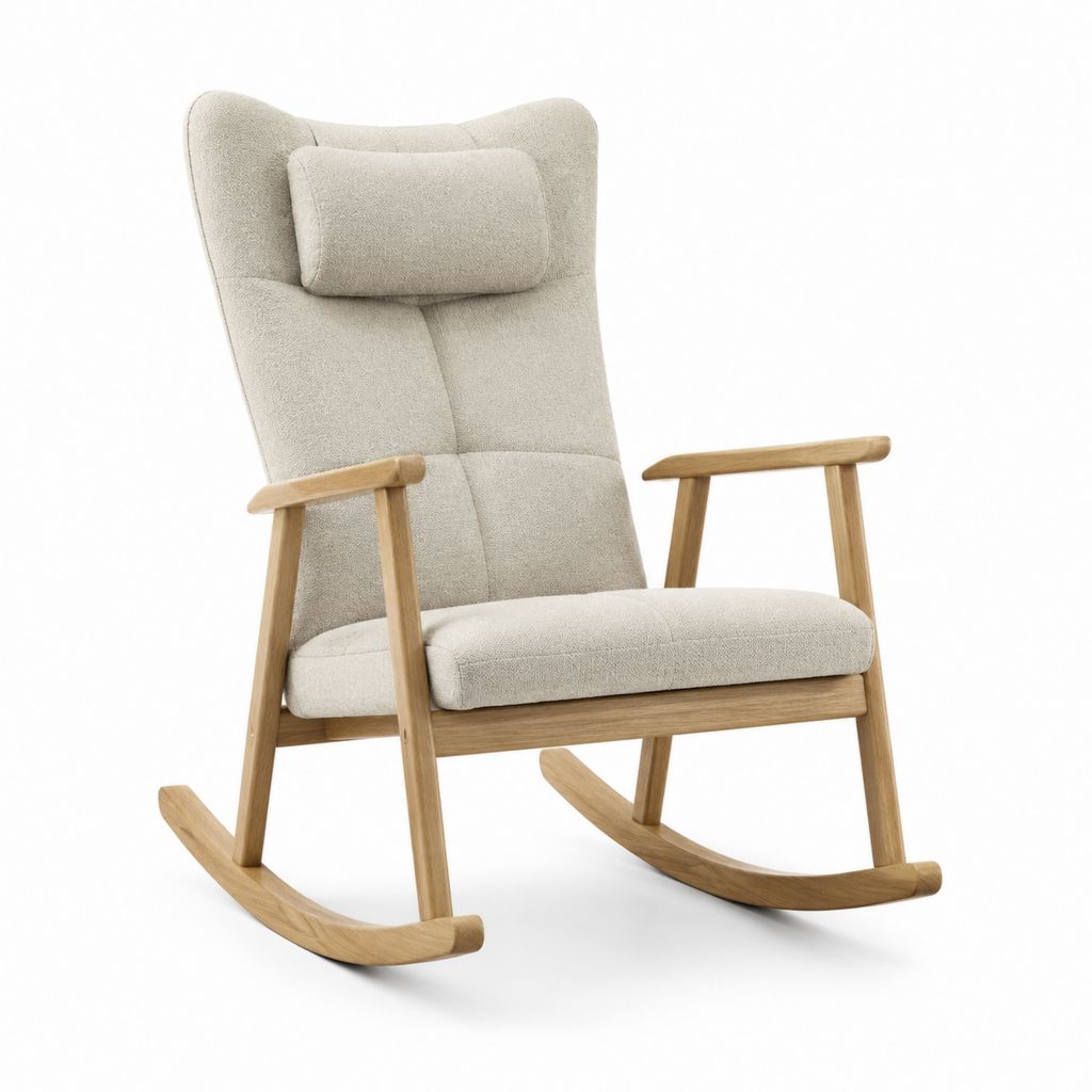 Sedia a dondolo beige in rovere massello e poliestere bouclé 68 x 92 x 108 cm