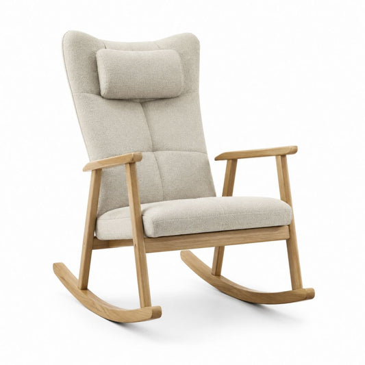 Sedia a dondolo beige in rovere massello e poliestere bouclé 68 x 92 x 108 cm