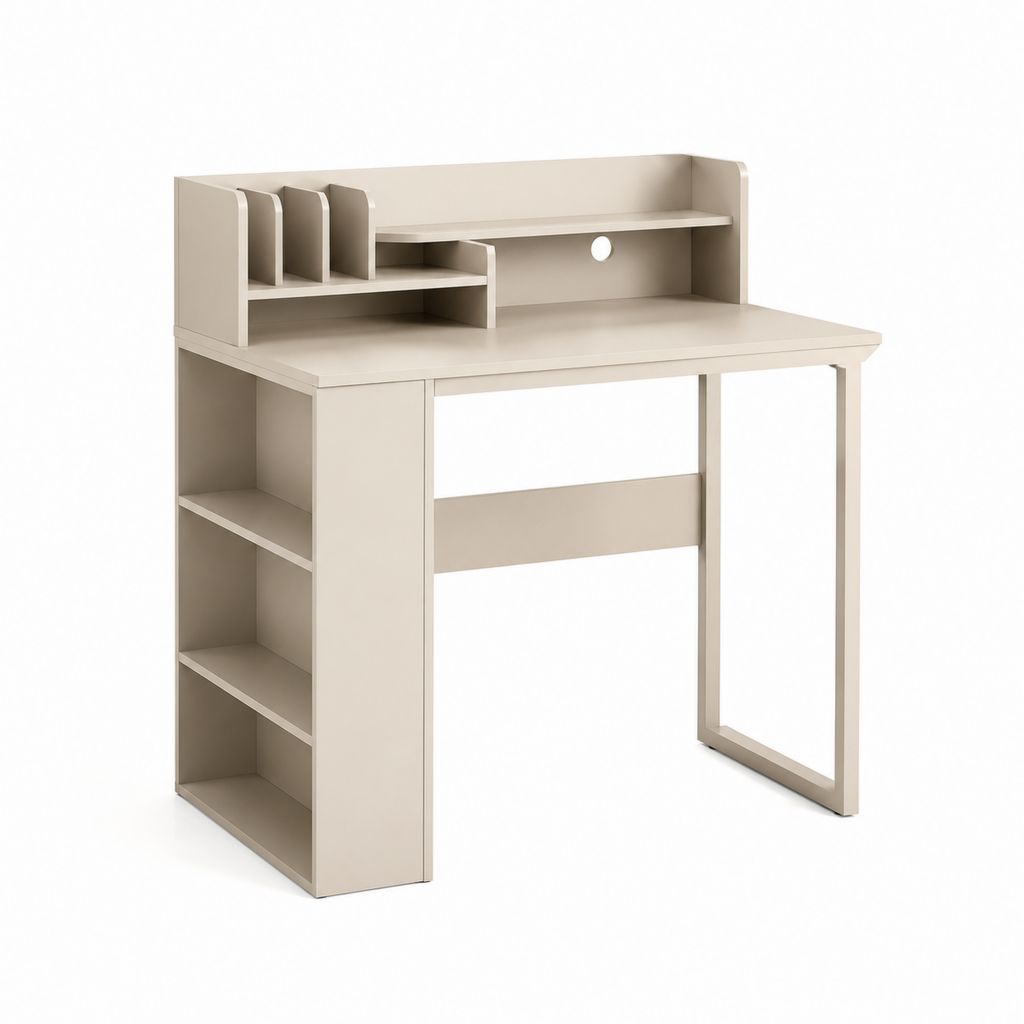 Scrivania per computer beige in pannello truciolare 100 x 50 x 120 cm con scaffale laterale e organizer